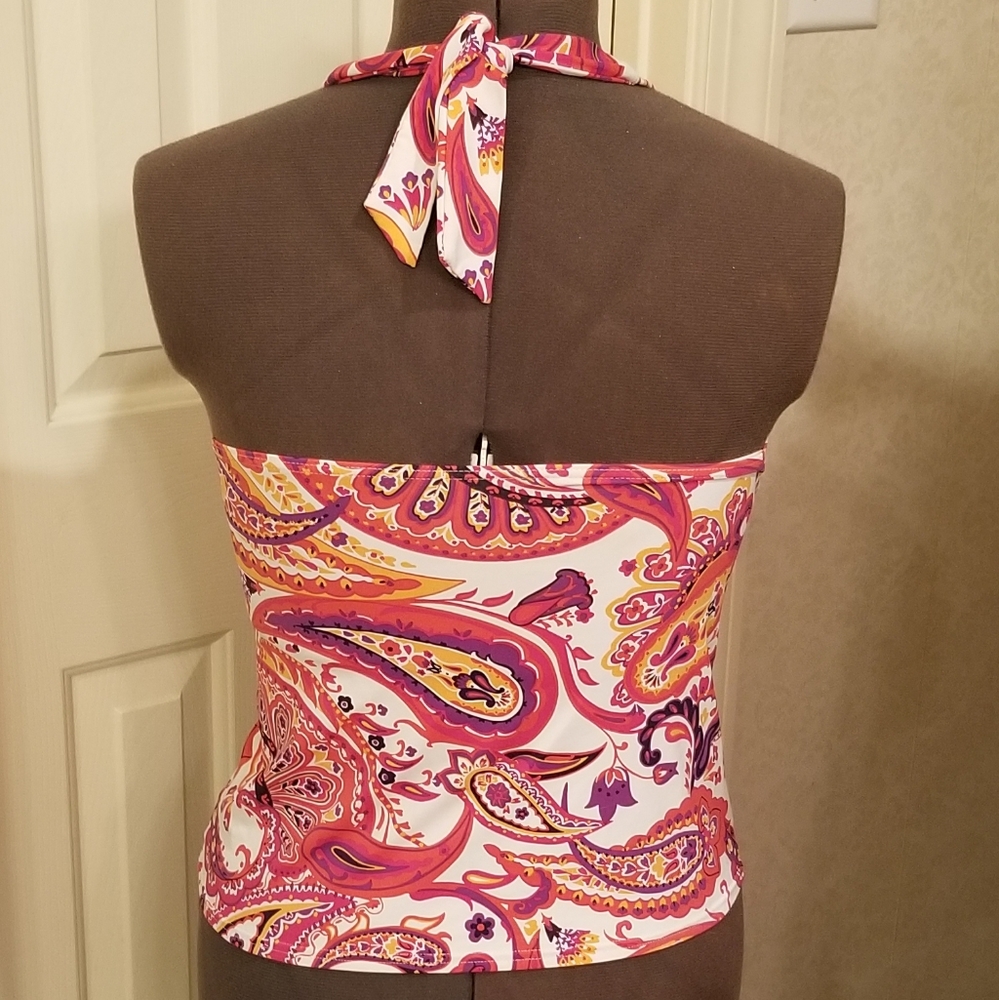 Land's End Pink Paisley V-neck Halter Swim Tankini - Picture 8 of 10